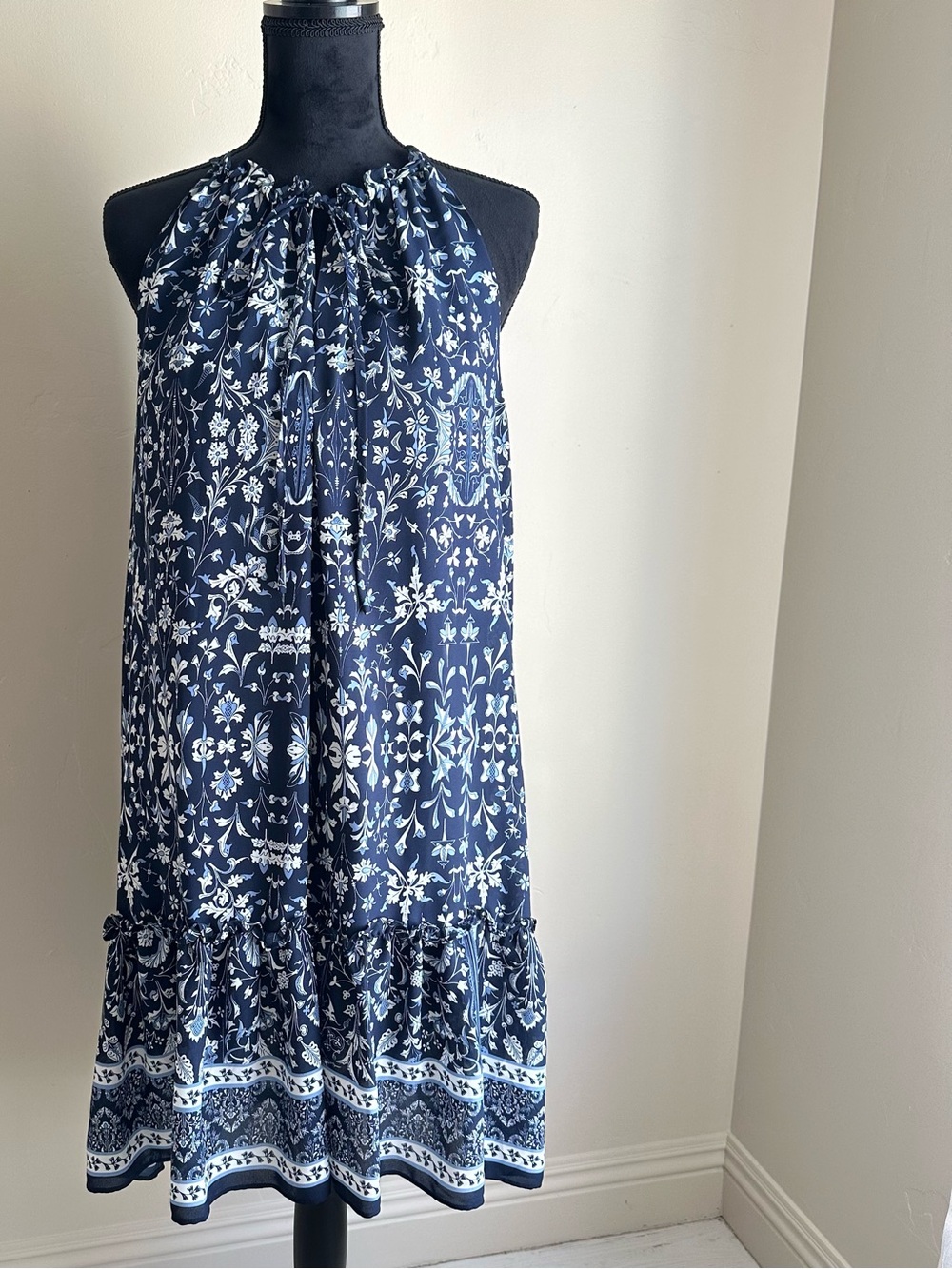 Max Studio Boho Navy Blue Floral Halter Midi Summer Dress Women’s Size Large